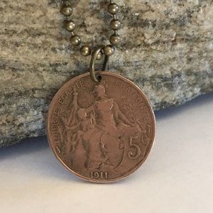 1911 France 5 COIN PENDANT French Antique Circulated Great Gift! 20” Necklace